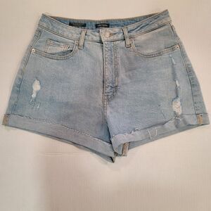 CLEARANCE Womens Super-High Rise Rolled Cuff Blue Jean Shorts Size 8/R Distress